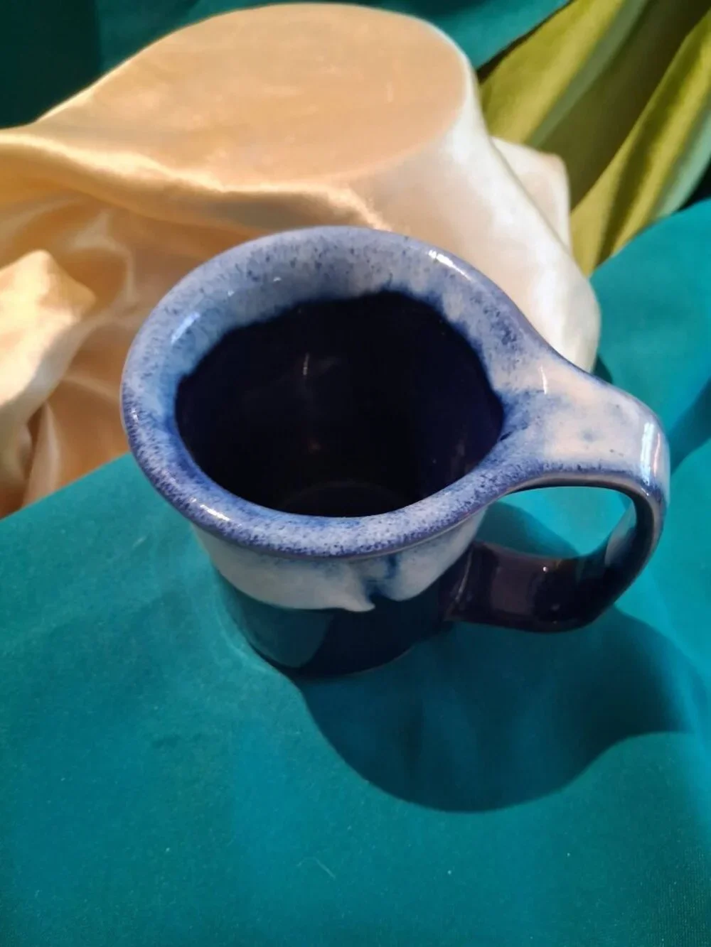 Vintage Bay Pottery Blue & White Drip Glaze Stoneware Coffee Mug Signed